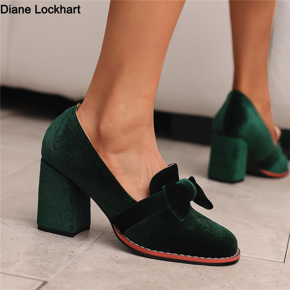 Fashion Fashion High Heels Women Pumps Shoes Spring Elegant Flock Red Green Black Heeled Bow Party Wedding Shoes Female Large Size 33-48