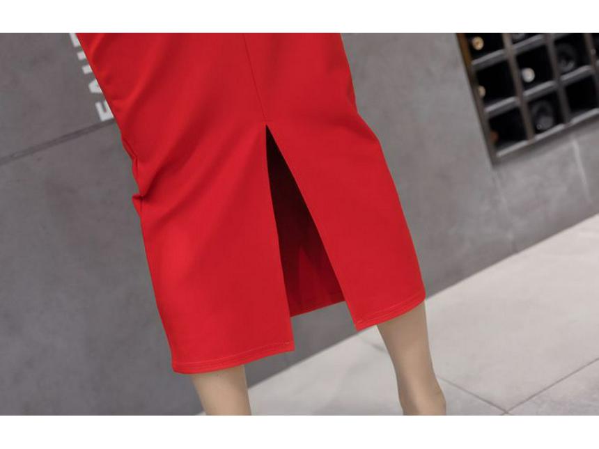 High Waist Slimming Midi Pencil Skirt with Elastic Waistband and Hip-Hugging Slit