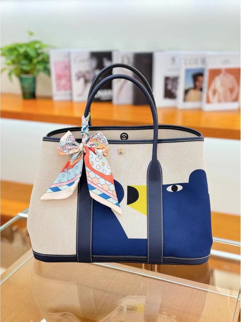 Women's Genuine Leather Garden Tote - 2025 Canvas & Cowhide, Large Capacity, Contrast Color Shoulder Bag