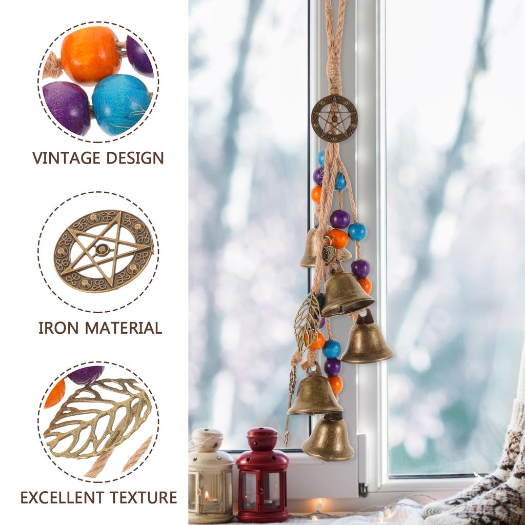 Wooden Beads Heart Door Bell Wind Chime Hanging Ornament Decor Retro Iron Home Tree Study Decoration Witch Craft Charm