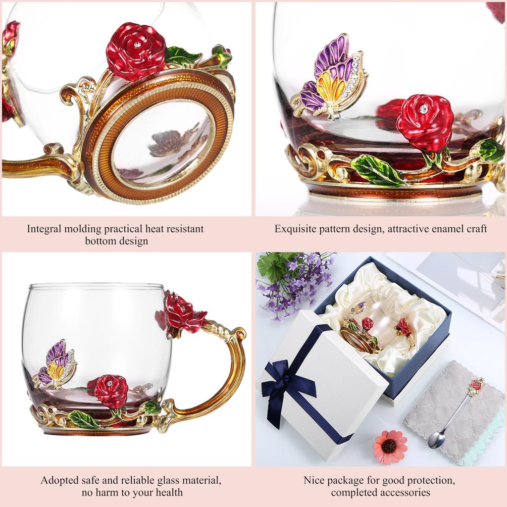 Red Rose Enamel Craft Water Cup Drink Mug with Handle Design Tea Coffee Cup