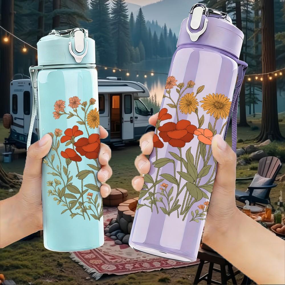 1PC Wild Orange Flower Bouquet Art 750ml Color Plastic Sports Water Bottle Leakproof Flip Straw Lid Suitable for Sports Office Home Use