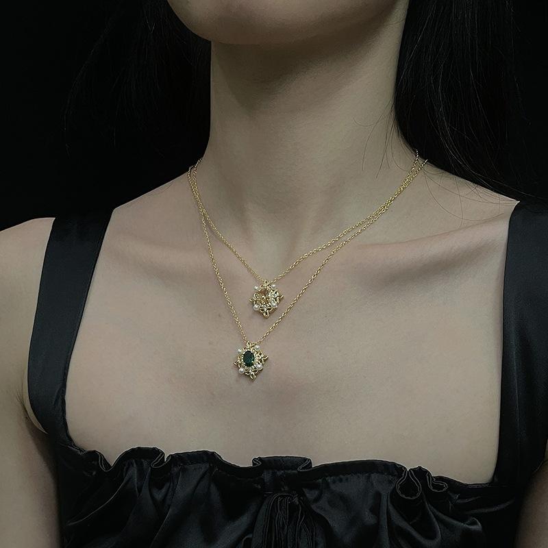 Gold Fanta Stone Zircon Pearl Necklace Wrapped Filament Light Luxury High Sense Niche Design Clavicle Chain Pendant Female
