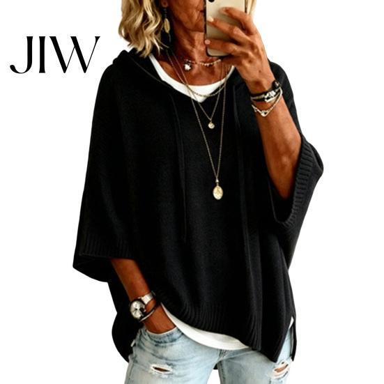Fall Pullover Sweater Autumn Women Knit Sweater, Loose Fit Drawstring Hooded Solid Color 3/4 Sleeve Drop Shoulder Casual Long Tops