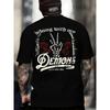 European Size Men'S Crew Neck T-Shirt | 'Vibing with My Demons' Graphic Design with Skeleton Hand Peace Sign, Red Roses, Gothic Borders