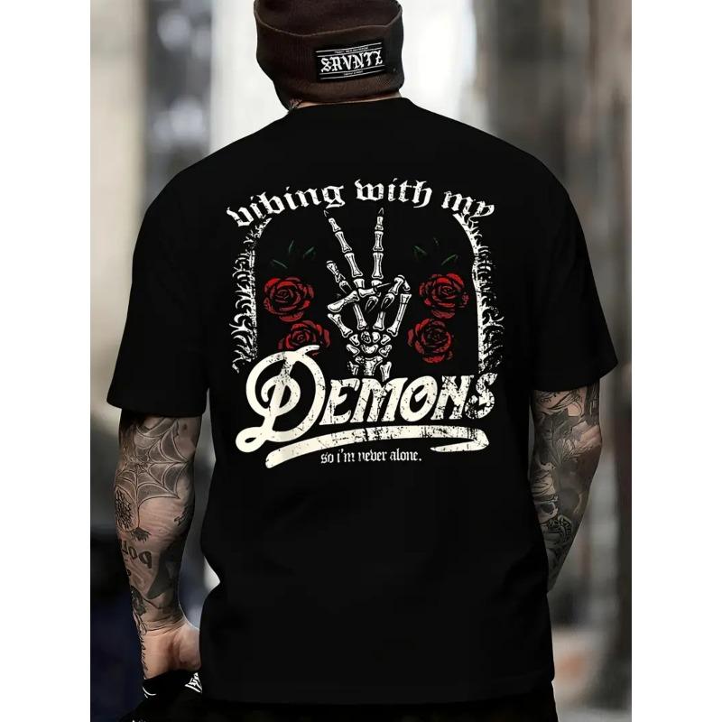 

European Size Men S Crew Neck T-Shirt | Vibing with My Demons Graphic Design with Skeleton Hand Peace Sign, Red Roses, Gothic Borders 4XL чорний