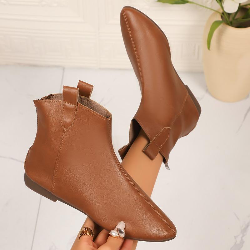 New Fashion Women'S Vintage Booties Fall Fashion Pointed Toe Rear Zip Soft Leather Low Follower Single Boots
