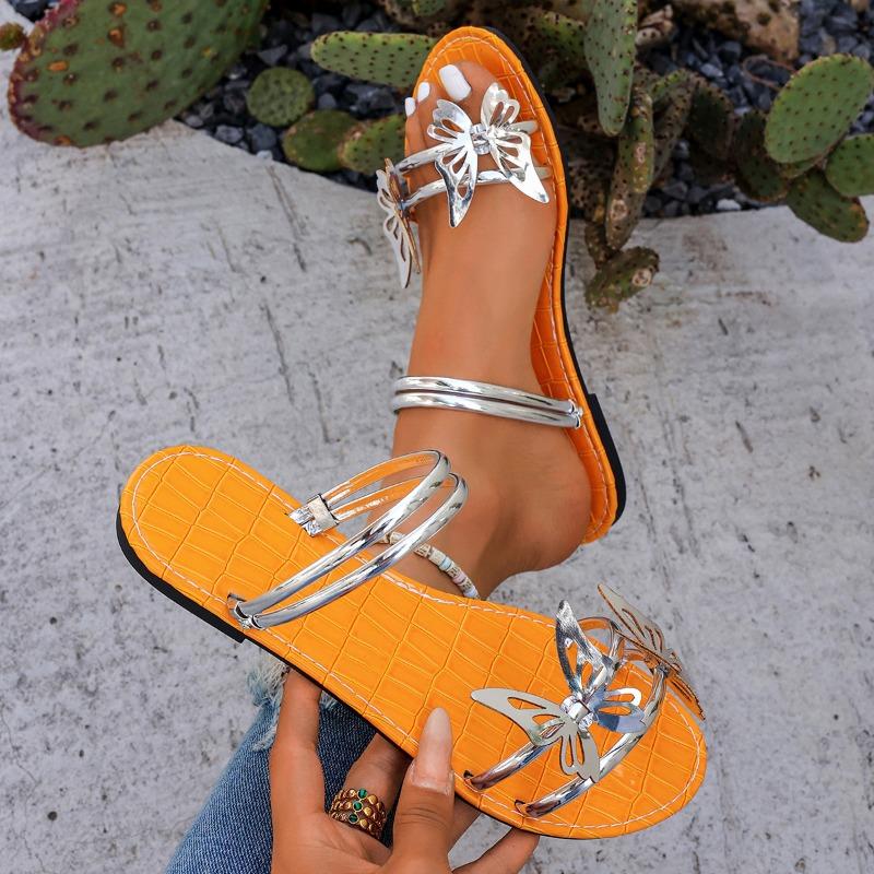 Large Size Butterfly Rhinestone Flat Bottom Slippers Women Wear Beach One Word Cool Slippers Slippers