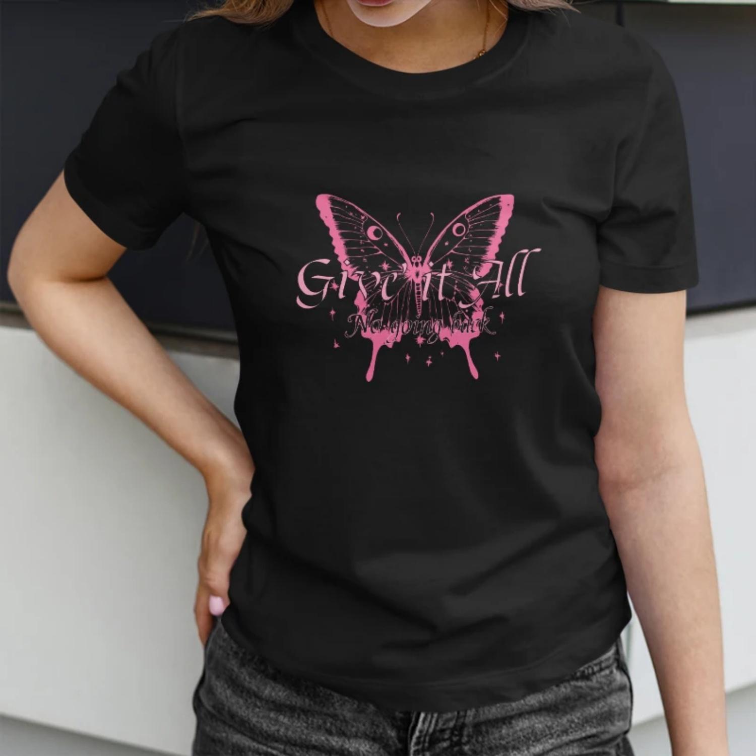 Stylish Womens Short Sleeve T Shirt Give It All Butterfly Design with Inspirational Quote Trendy Tee for Empowered Women S чёрный