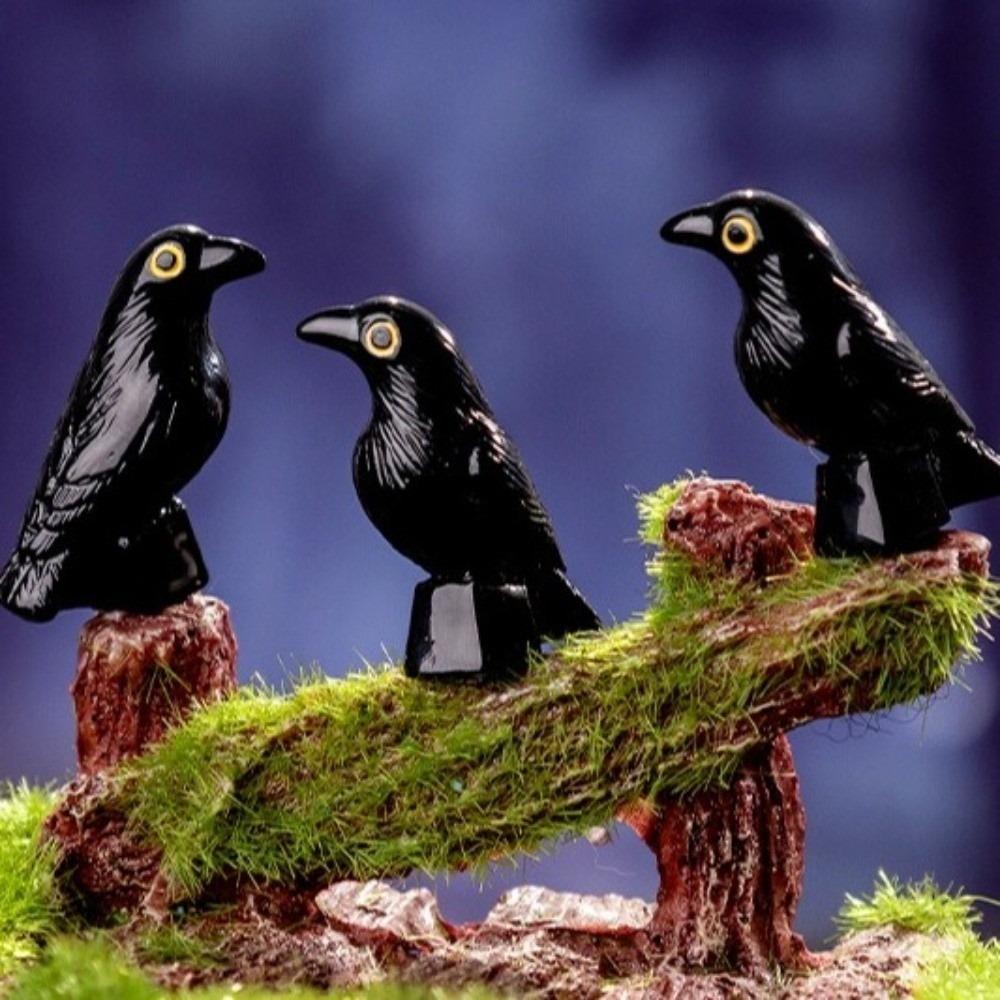 10pcs Resin Halloween Crows Figurines Hand Painted Realistic Mini Crows Decoration Crooked Headed Black Crow Ornaments
