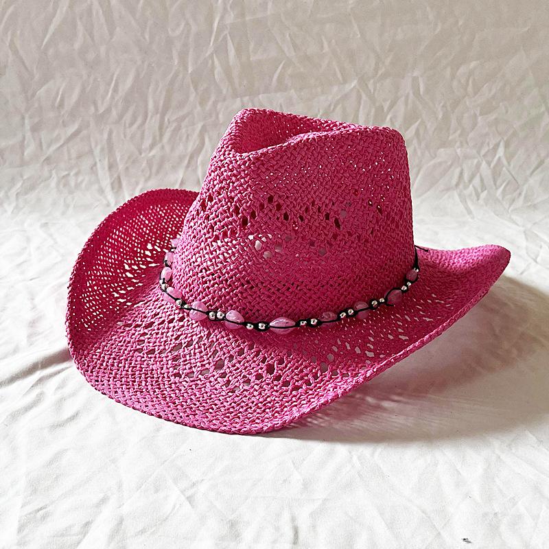 

Handmade Hollow Out Cowboy Hat Love Bead Embellished Rolled Brim Western Summer Beach Sun Hat for Women M 56-58cm розы красного