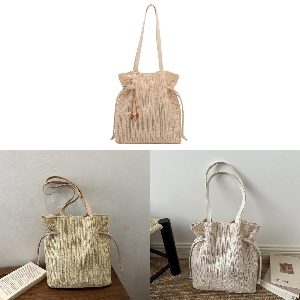 Woven Tote Bag For Women With Solid Color And Flower Pendant Design For Daily Use