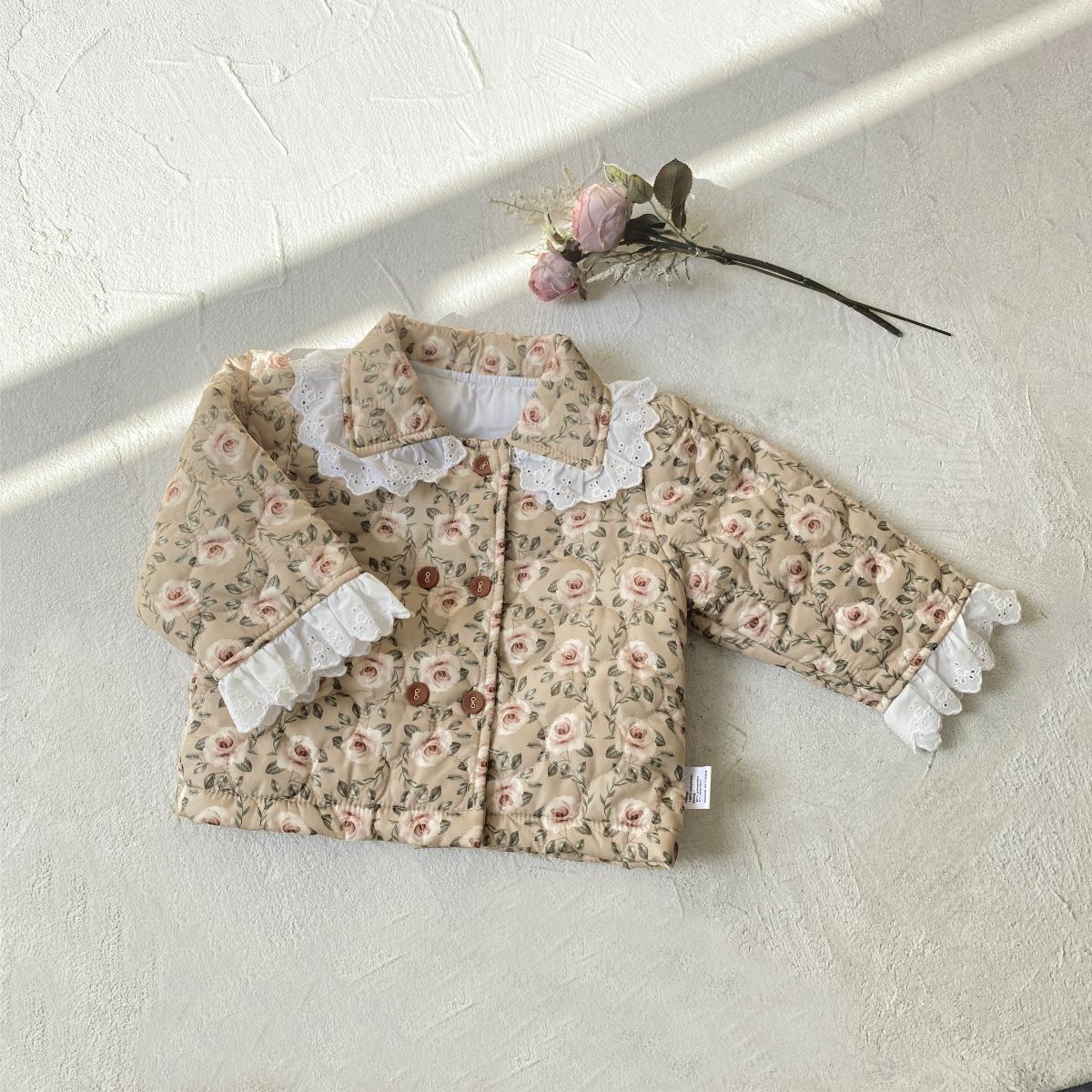 

Зимнее хлопковое пальто для девочек с цветочным принтом, двубортная, утепленная и утолщенная, теплая куртка для младенцев. 80 cm абрикосовый/цветочный