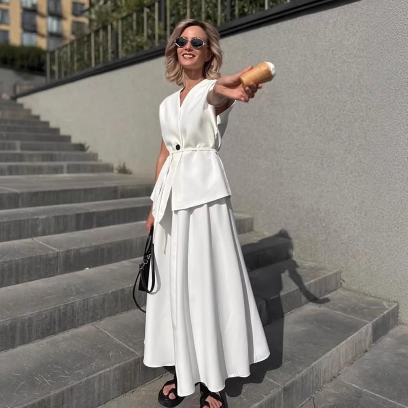 Womens 2-Piece Set V-Neck Sleeveless Top Long Skirt Elegant Blazer Style Dress