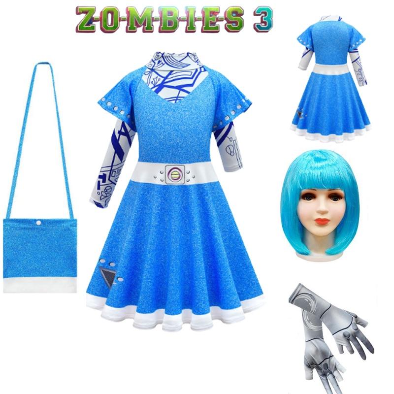 Zombies Kids Cosplay Costume Girls Dress Cloak Wig Bag Halloween Gift Outfit