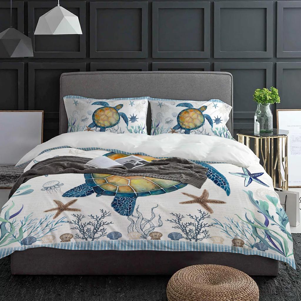 Sea Turtle Blue Starfish Shell Duvet Cover With Pillow Case Custom 3pcs Bedding Set Quilt Cover Double Bed Home Textile