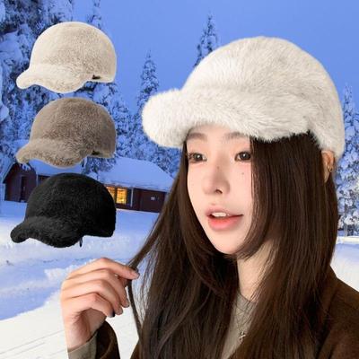 2025 Women Korean Faux Mink Fur Baseball Cap Autumn Winter Solid Color Thick Plush Visor Hat Fashion Outdoor Warm Coldproof Hats