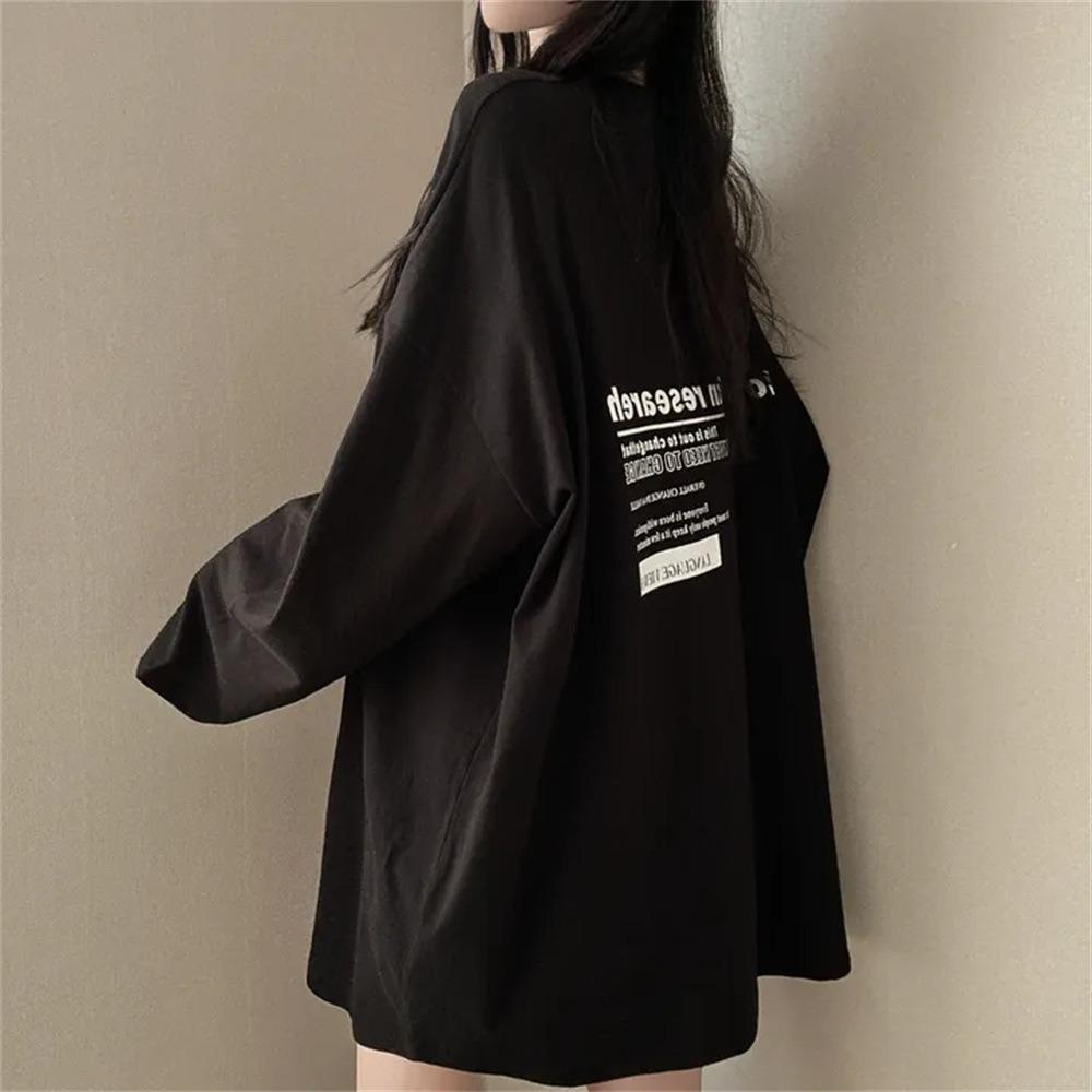 Women's Round Neck Long Sleeve Tunic Tee Loose Fit Casual Letter Print Top Oversized T-Shirt