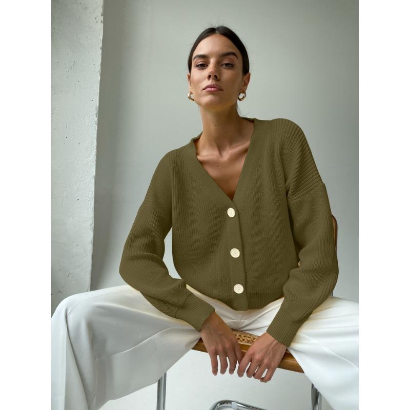 Single Breasted Cardigan V-neck Short Sweater Women Long Sleeved Warm Jacket Solid Color Knit Base Shirt Commut Loose Casual Autumn Winter
