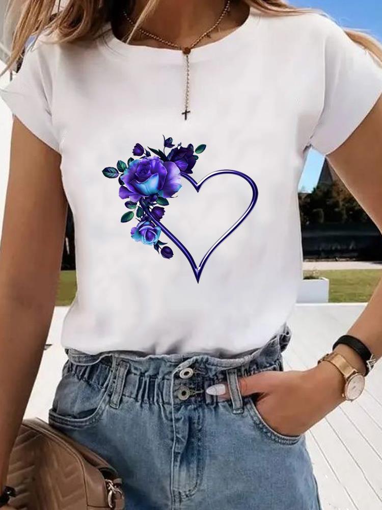 (Asian Size)  Sweet Flower Trend 90s Graphic Tee Fashion T Clothing Women's Top  Print Female Casual  Short Sleeve T-shirts