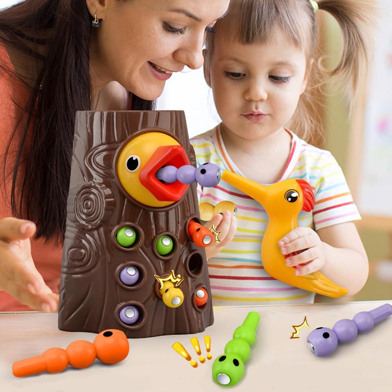 Montessori Educational Toys for Children Woodpecker Catch Worms Toy Toddler Kids Magnetic Games for Babi Development Busy Board