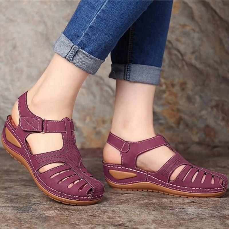 Woman Solid Color Vintage Wedge Sandals Ladies Platform Hollow Out Buckle Shoes Footwear