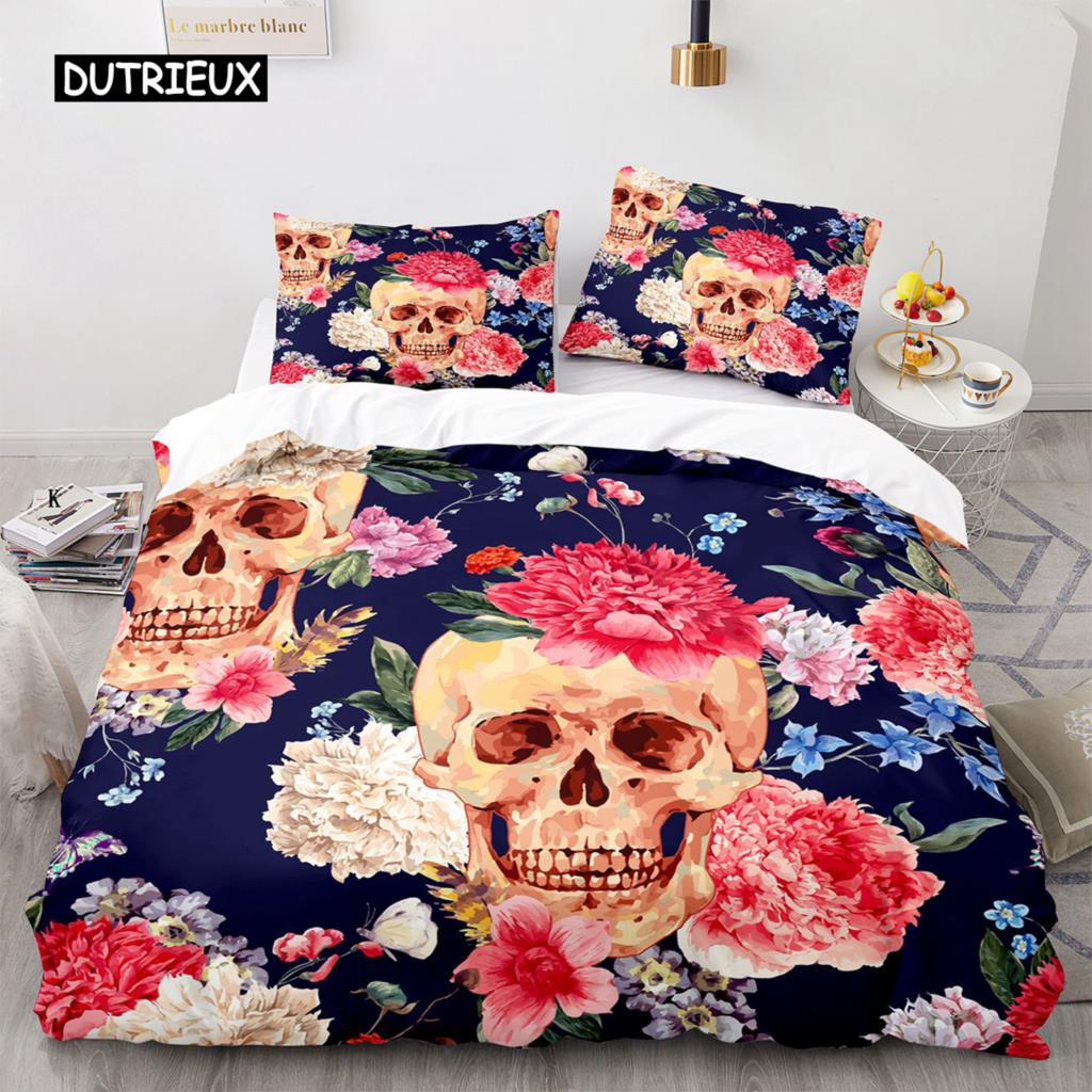 Povlak na přikrývku Sugar Skull King Mikrovlákno Růžový Ložní Set Květinová Lebka Povlak na Přikrývku Černá Červená Oranžová Kostra Jednolůžkový Povlak na Prošívanou Přikrývku
