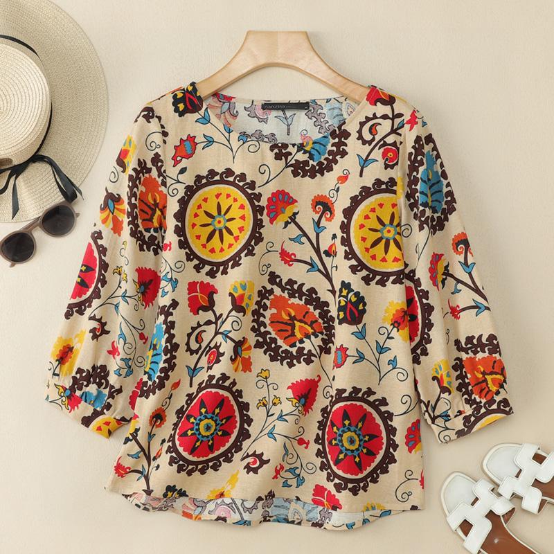 

ZANZEA Женская повседневная блузка с круглым вырезом и рукавами 3/4 из хлопка с принтом в стиле ретро 5XL жёлтый