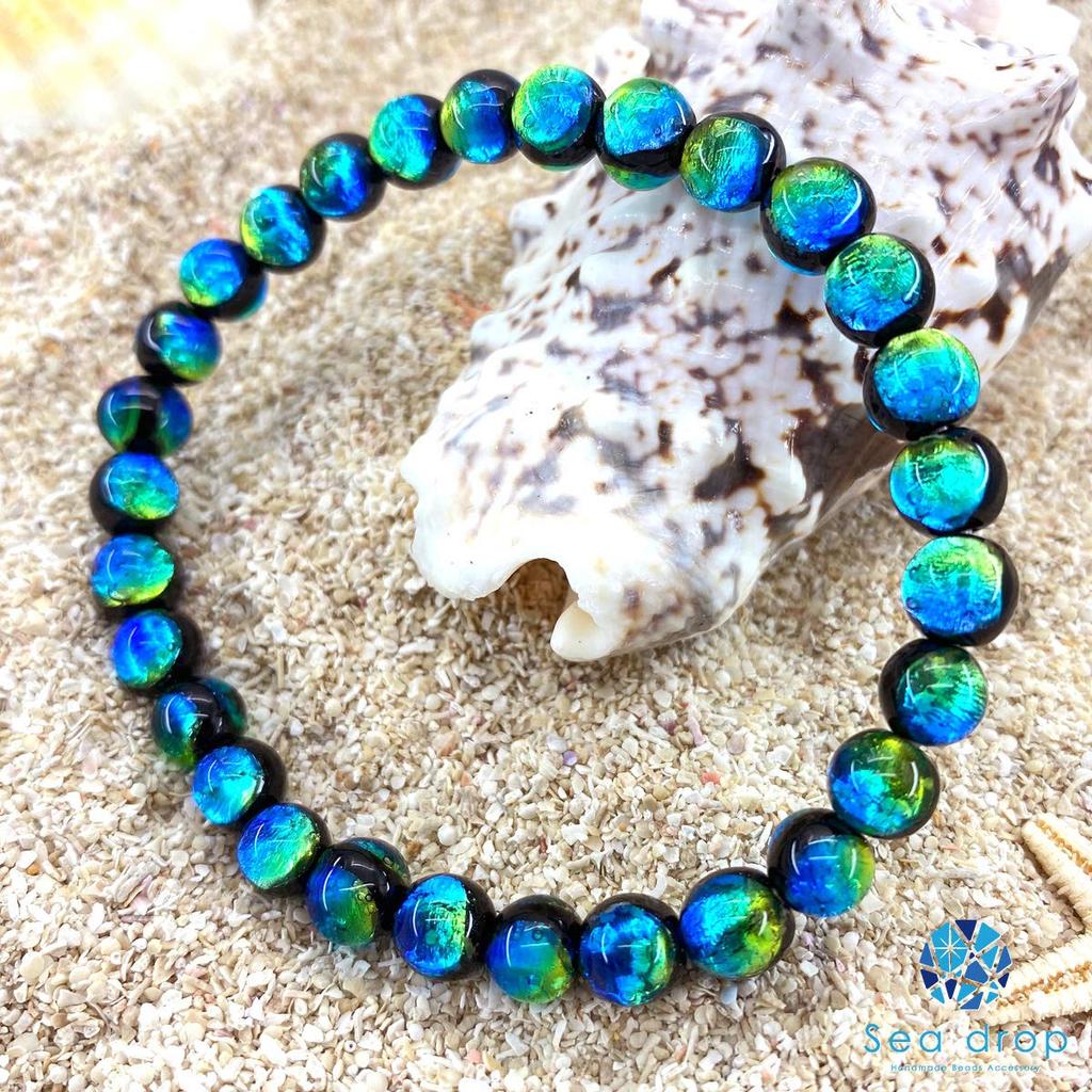 Glowing Firefly Glass Kerama Marine 6mm Bead Bracelet with Glass Beads [Sea drop] Glow-in-the-Dark [001bt-06-15]