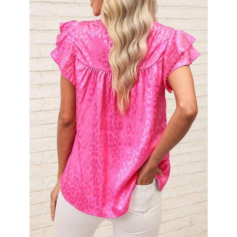 2026 Women's Summer New Trendy Versatile Printed Ruffle Sleeve Wave Collar Women's Top