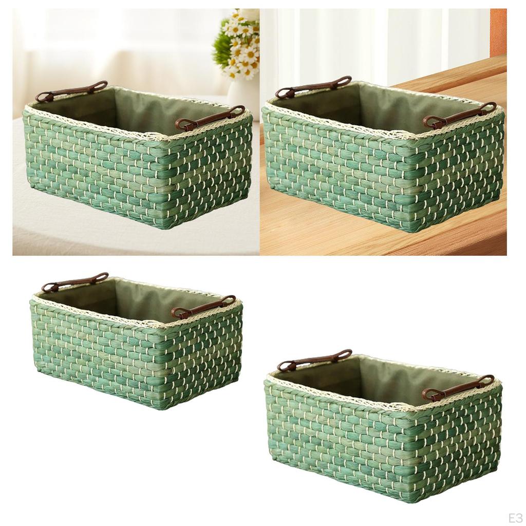 Corn Husk Weaving Basket Closet Organiser with PU Leather Handles Countertop Organizer for Kitchen