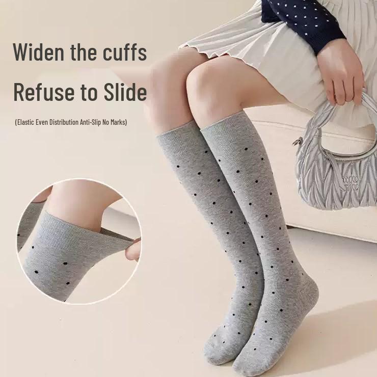 Herbst- & Winter Pünktchen Schlankmachende Wadenstrümpfe, Süßer Miu-Stil, Damen Lange gekämmte Baumwolle Hoher Schaft Gerüschte Socken