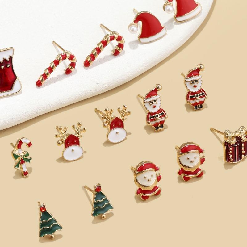 Hot Sale Pair/Set Christmas Elements Cane Socks Pattern Stylish Small Delicate Christmas Stud Earrings Set