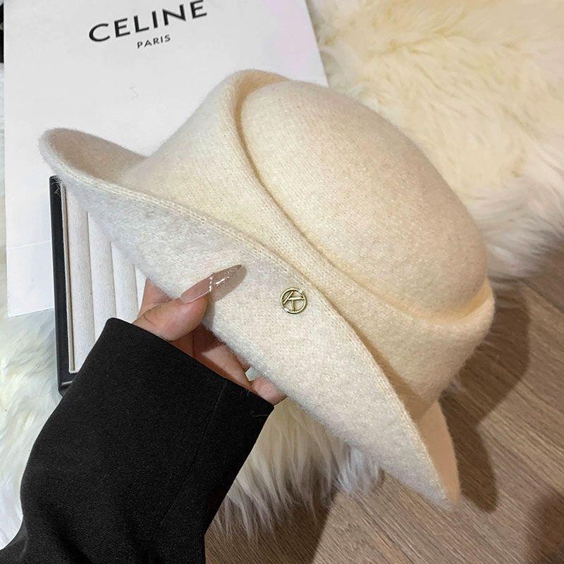 French Hepburn style elegant black top hat female autumn and winter retro face small curling edge tweed hat bucket hat