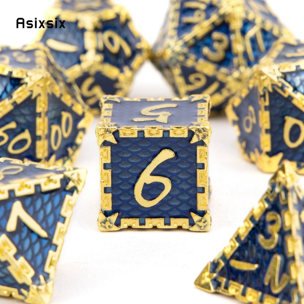 7 Pcs Blue Golden Fish Scale Metal Dice Solid Metal Polyhedral Dice Set Suitable for Role-Playing RPG  Board Game Card Game