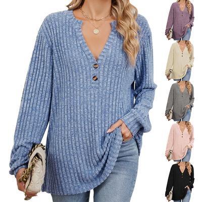 Nouveau T-shirt Automne/Hiver 2024 Couleur Unie Rayures Maille Côtelée Brossé Boutonné Coupe Ample Manches Longues Pour Femmes