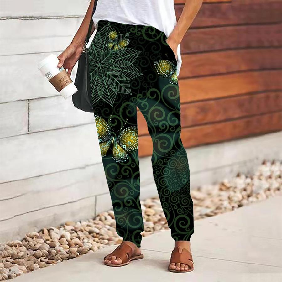 Women Retro Printing Pants Lace Up Elastic Waist Loose  Trousers Casual Long Pants Trousers with Pockets