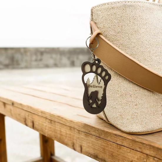 Footprint Charm Keychain with Forest Savage Pattern Double Layer Wooden Craft Key Ring Backpack Pocket Key Chain