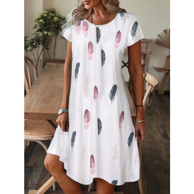 2023 Summer Women's Casual Crewneck Loose Printed Short-sleeved Dress