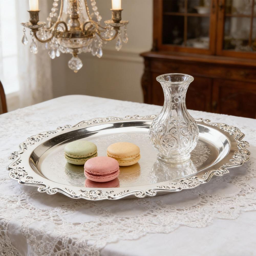 Solid Metal Mini Tray Retro Embossed Carved Polished Decorative Platter Scalloped Raised Anti-drop Serving Dish
