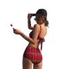 Real Shot Retro Red Small Plaid Hot Spring Split Triangle Swimsuit, Conservative High Waist, Belly Cover, Small Chest Gathering Swimsuit