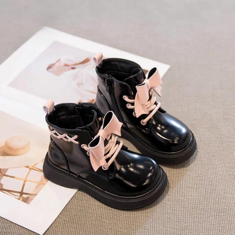 Princess Girl Boots Fashion Versatile Short Boot New Autumn Kids Shoes Shoelaces Velvet Sweet Girls Shoe Warm Velvet Ankle Boot