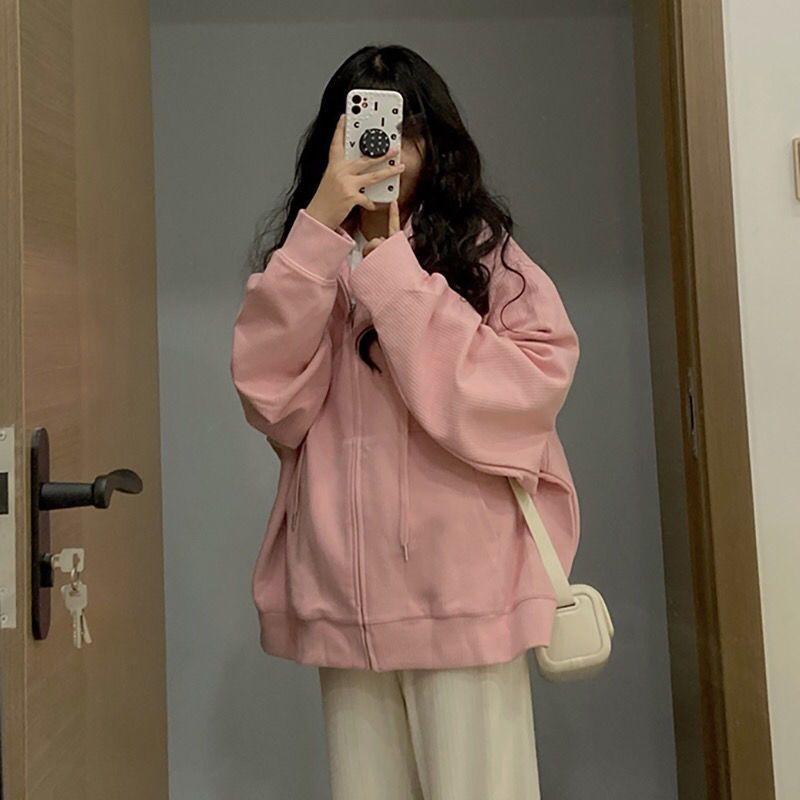 New Korean Version of Spring and Autumn Waffle Sweatshirt Loose and Thin Casual Hooded Jacket Design Top for Women