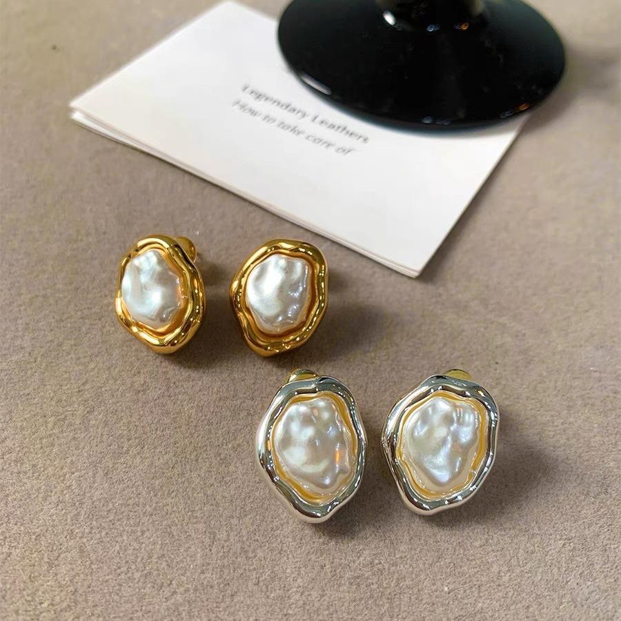 Stainless Steel Geometric Irregular Round Pearl Earrings for Women Minimalist Style Personality Ear Studs Trendy Jewelry Gifts