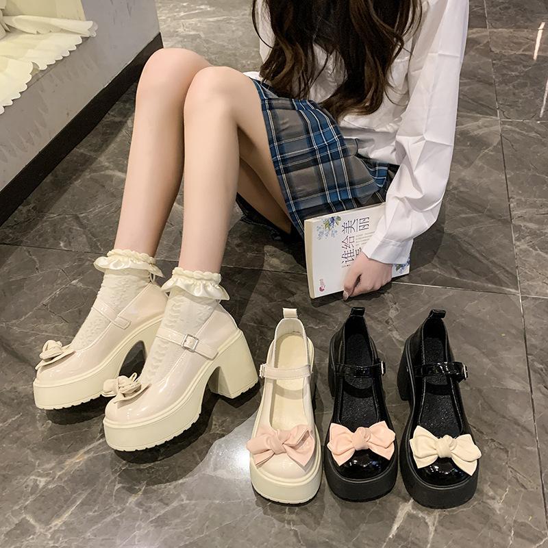 Mary Jane Small Leather Shoes, Sweet and Cool Bow High Heels, Women's Spring and Autumn 2025 Explosion, One-word Buckle Jk Cute Single Shoes