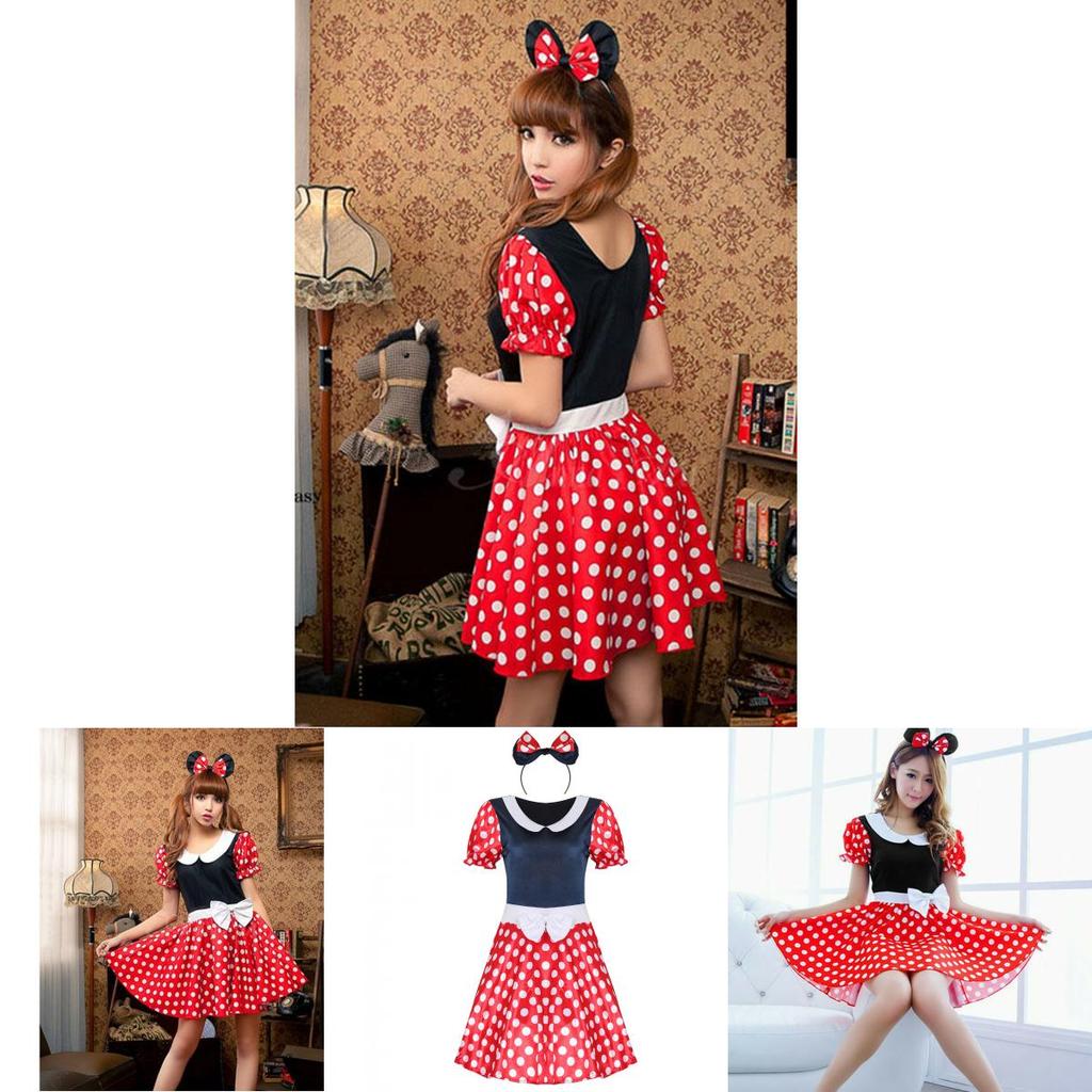 Elegantes Sexy Damen Kostüm für Erwachsene mit Cartoon Minnie Maus und Punkten für Halloween