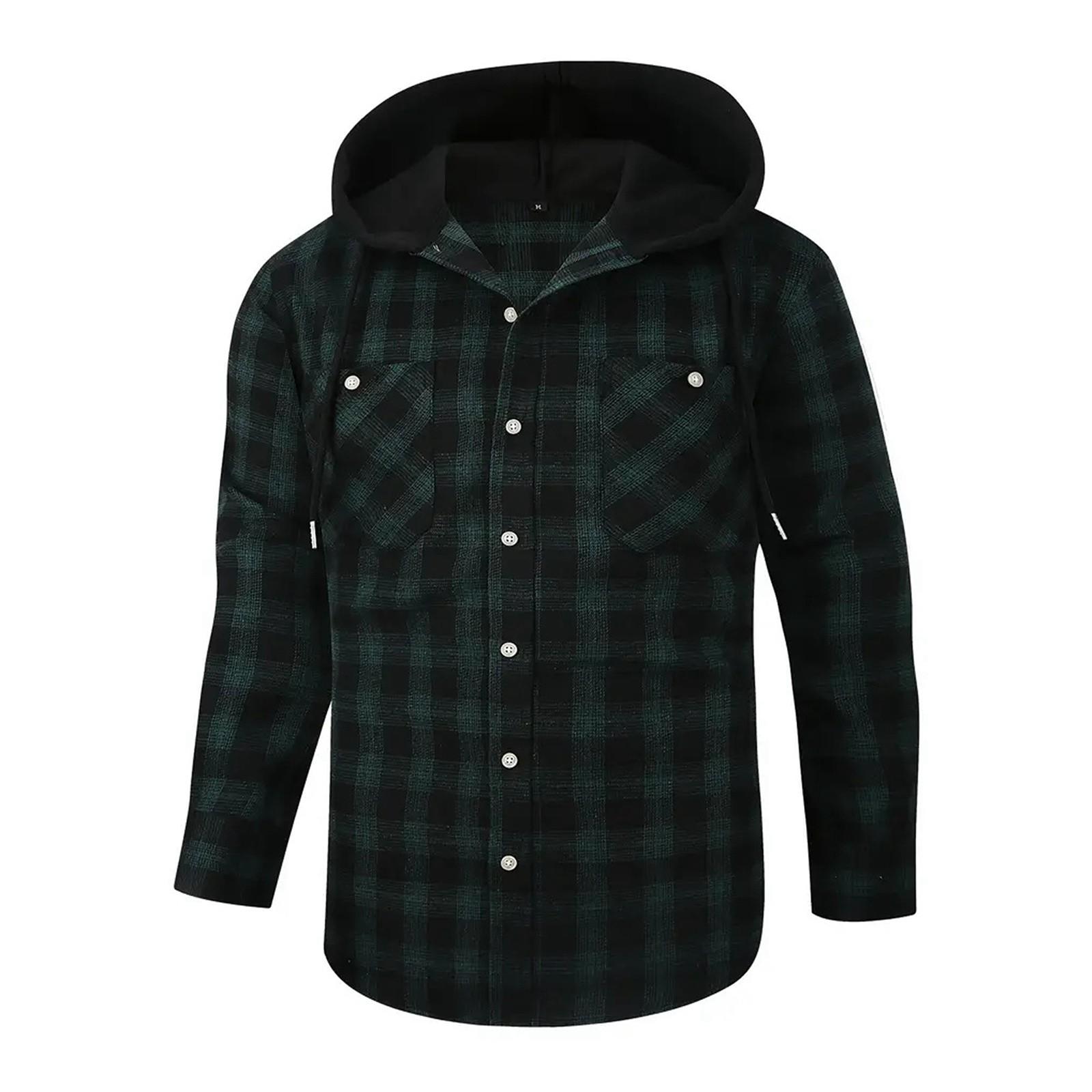 

Мужская клетчатая рубашка с длинным рукавом, мужская толстовка с капюшоном и карманами на пуговицах XL зелёный