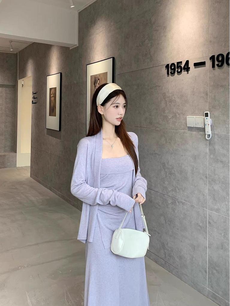 Gentle Style Women's Camisole & Cardigan Set with High-Waist Mermaid Skirt - Autumn/Winter Solid Colors