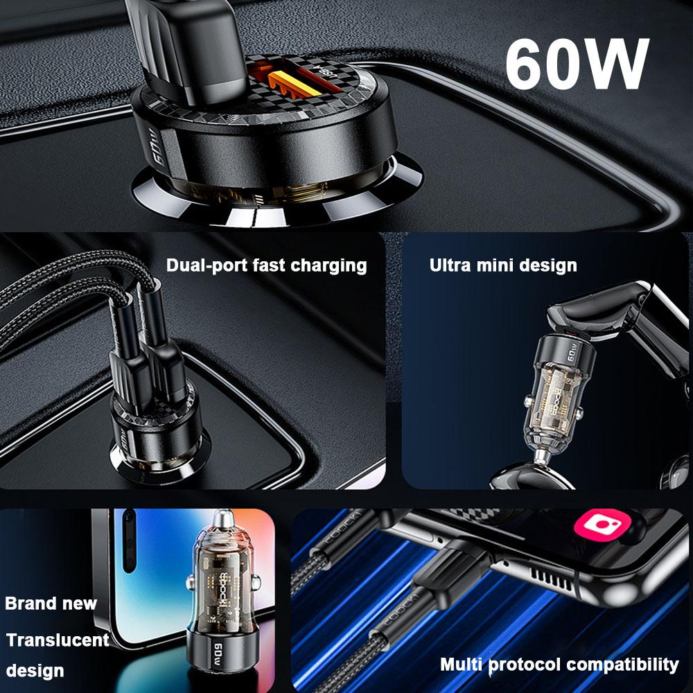 Car Charger Fast Charging PD 60W QC3.0 USB C Car Phone Charger Type C Adapter in Car for IPhone 1413 12 Xiaomi 13 12