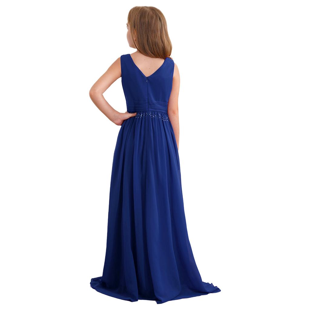Glänzendes gerafftes verwobenes Chiffon-Kleid für Mädchen V-Ausschnitt ärmelloses Design Blumenmädchen langes Kleid Hochzeitsfeier Kleid